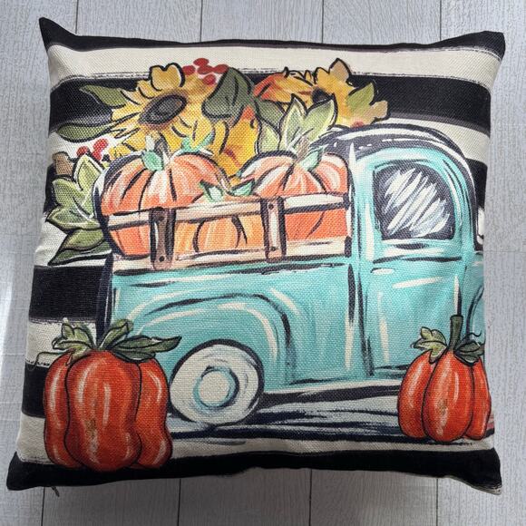 Fall Harvest Truck Pillow Pumpkin Sunflowers Striped - Picture 1 of 4